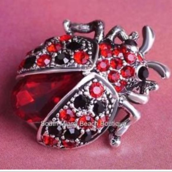 Ladybug Pin Brooch Silver Plated Red Black Crystal Crystals Insect Lady Bug - Picture 2 of 5